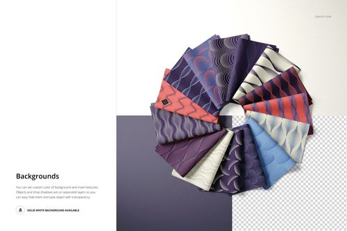 PSD mockup of colorful folded fabric swatches in a circle, showing various wave motifs on a split white and gray background.