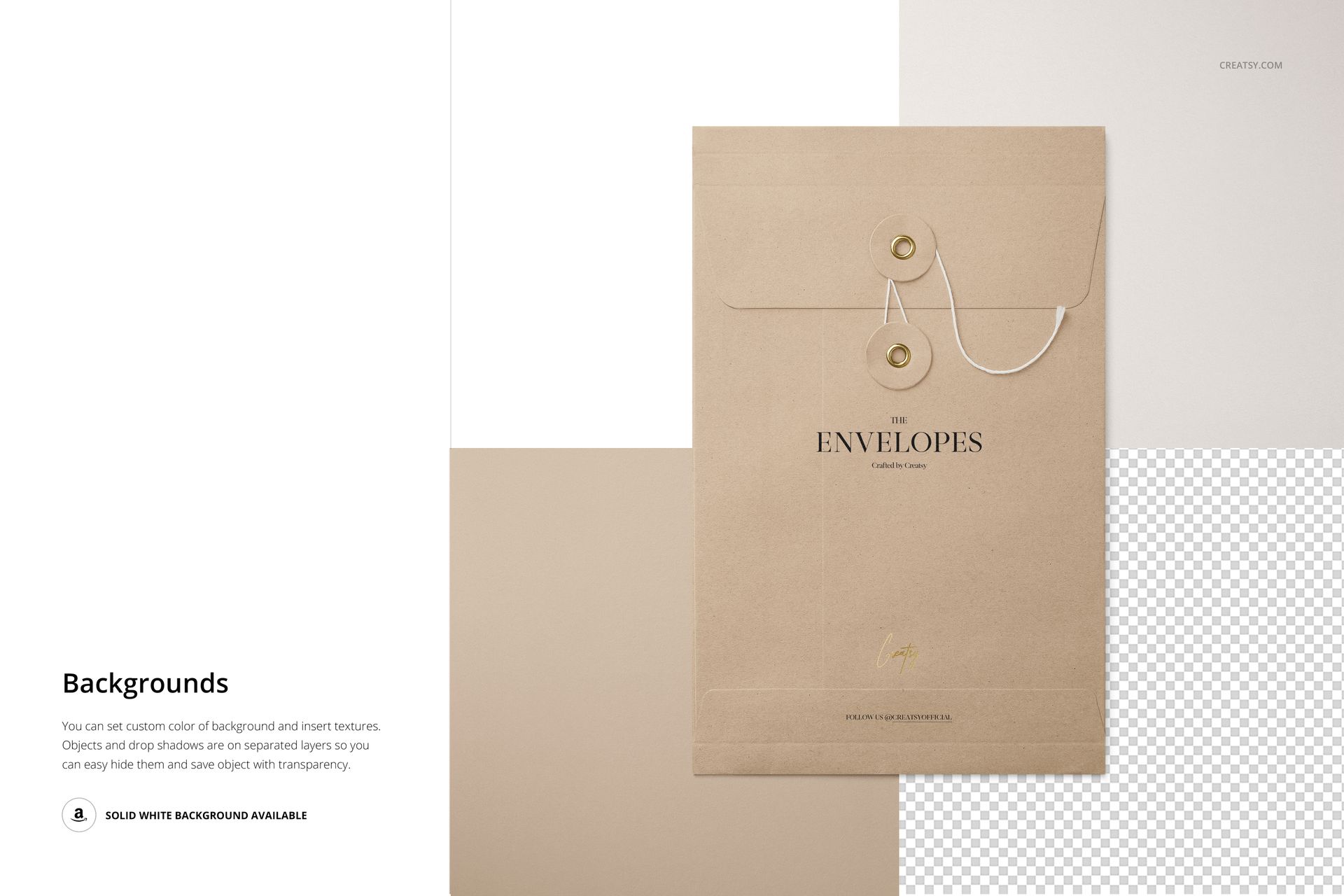Front view of a kraft paper string envelope mockup set on a neutral background with white and transparent sections.