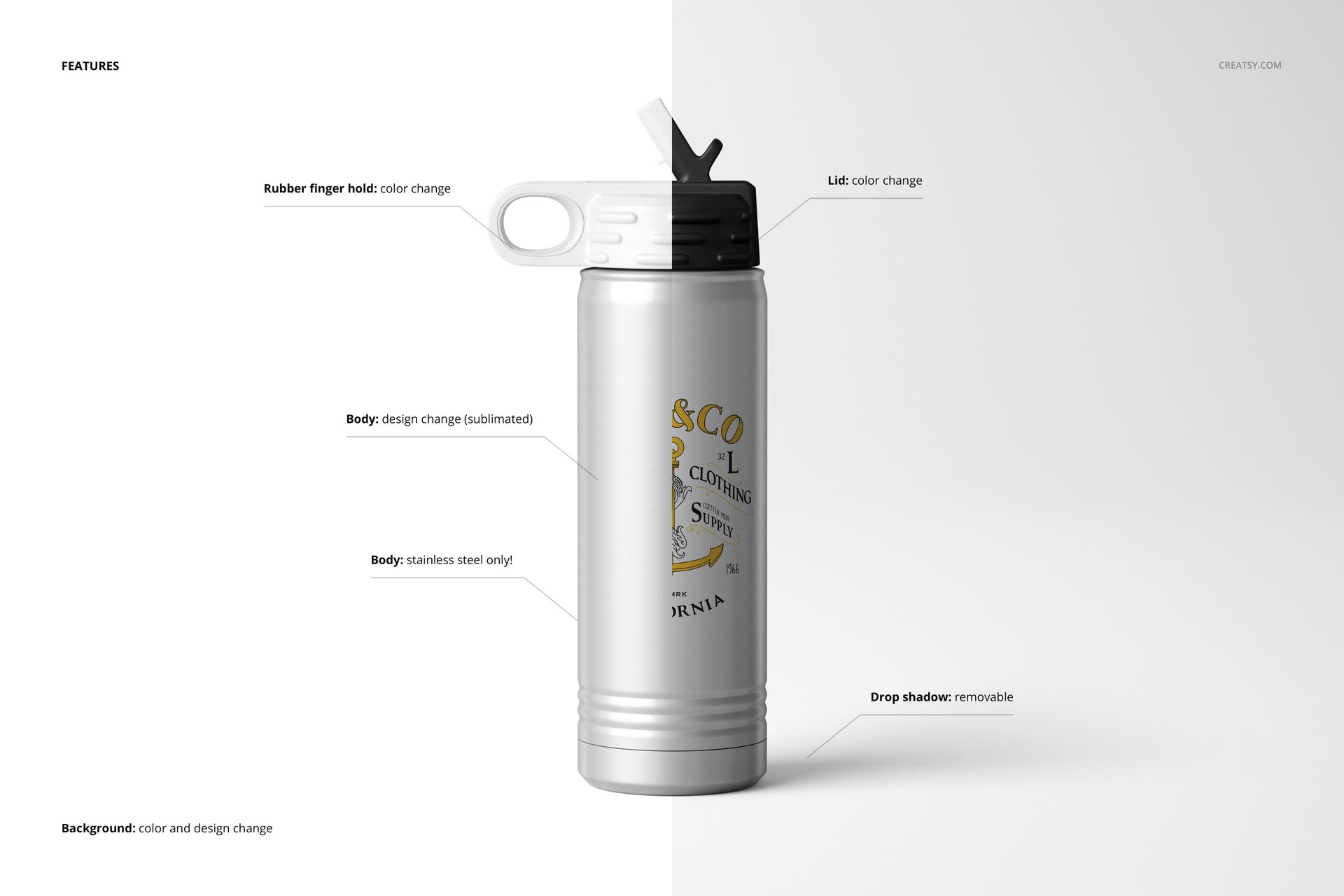 Front view of a 20 oz stainless steel water bottle mockup with customizable lid and finger hold on a light backdrop.