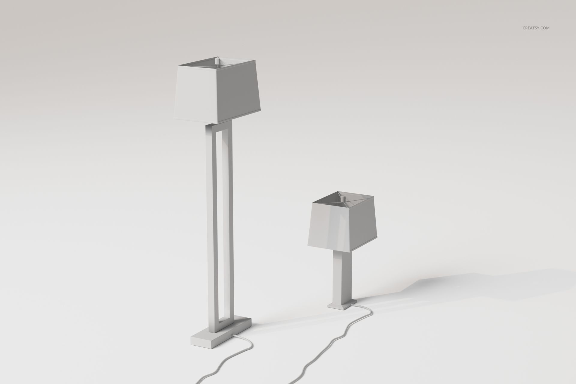 Front view of two Art Deco style lamps, one tall floor lamp and one shorter table lamp, both with geometric shades.