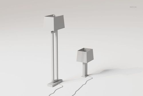 Front view of two Art Deco style lamps, one tall floor lamp and one shorter table lamp, both with geometric shades.