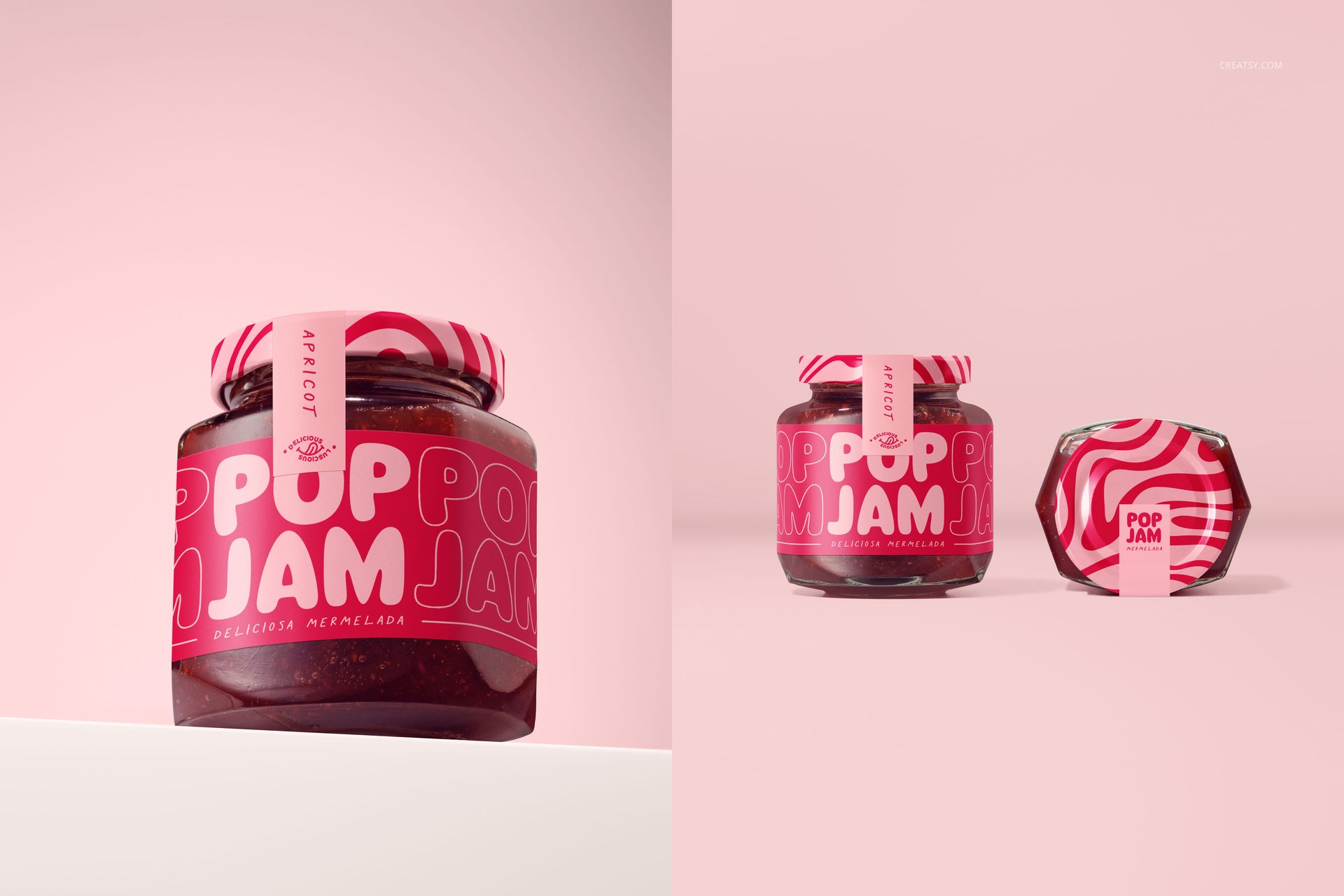 PSD mockup featuring a jam jar with vibrant pink packaging and matching lid, photographed in a minimalist pink scene.