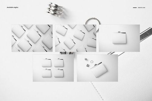 Leather wallet purses displayed in various arrangements on a white surface, shown in a PSD mockup set.