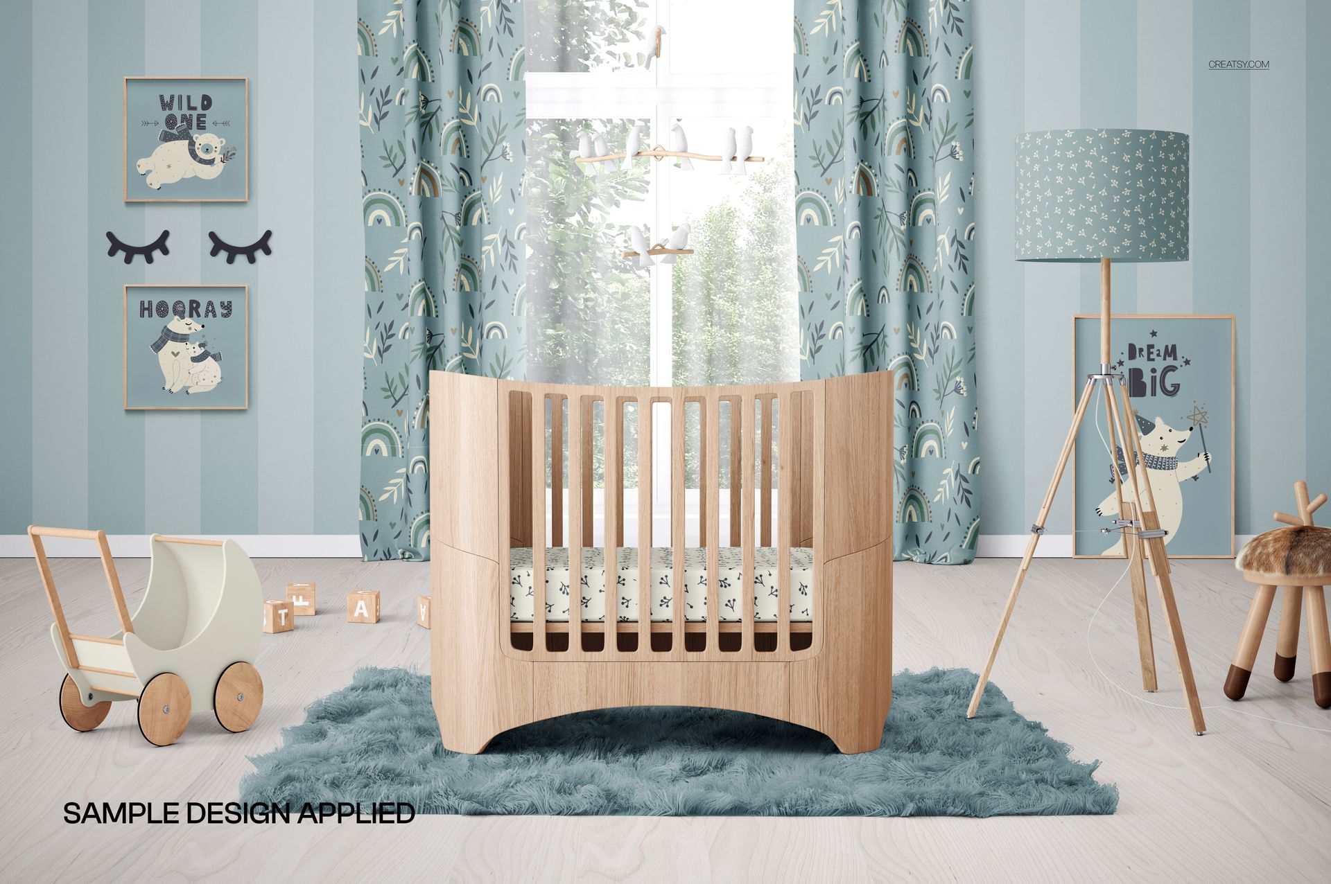 PSD mockup of an oval wooden crib in a contemporary nursery, surrounded by playful decor and soft blue tones.