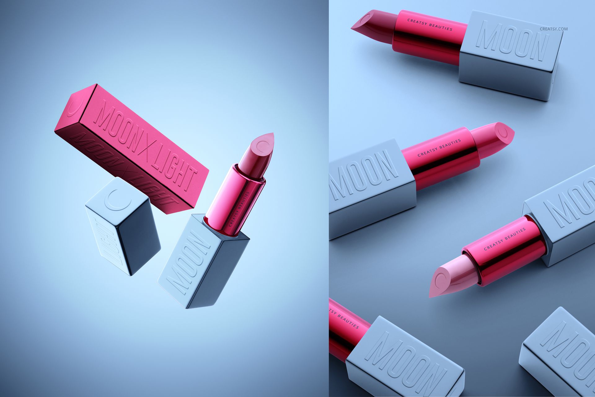 Front view of a lipstick mockup set featuring a red lipstick with a matching rectangular case and gray box on a light blue background.