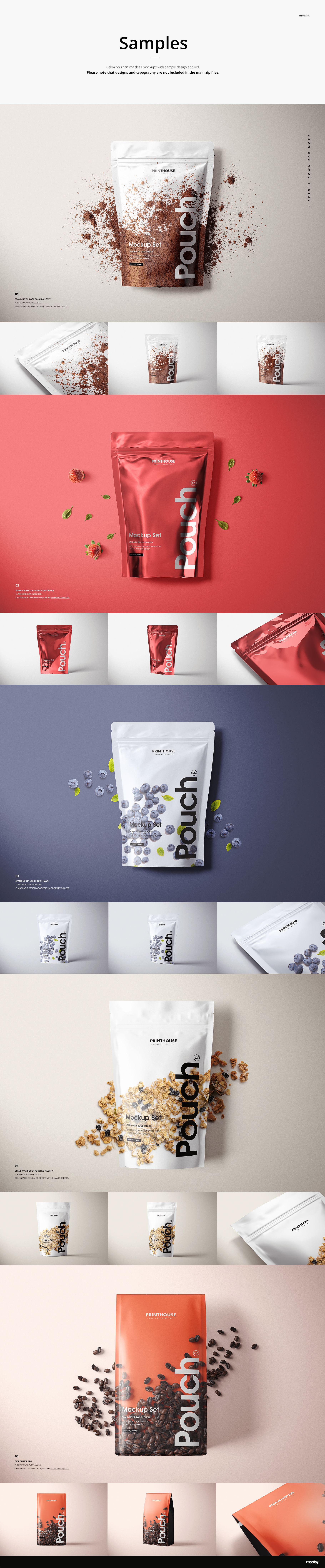 Front view of various packaging mockups including pouches and sachets, displayed with scattered food items on colored backgrounds.
