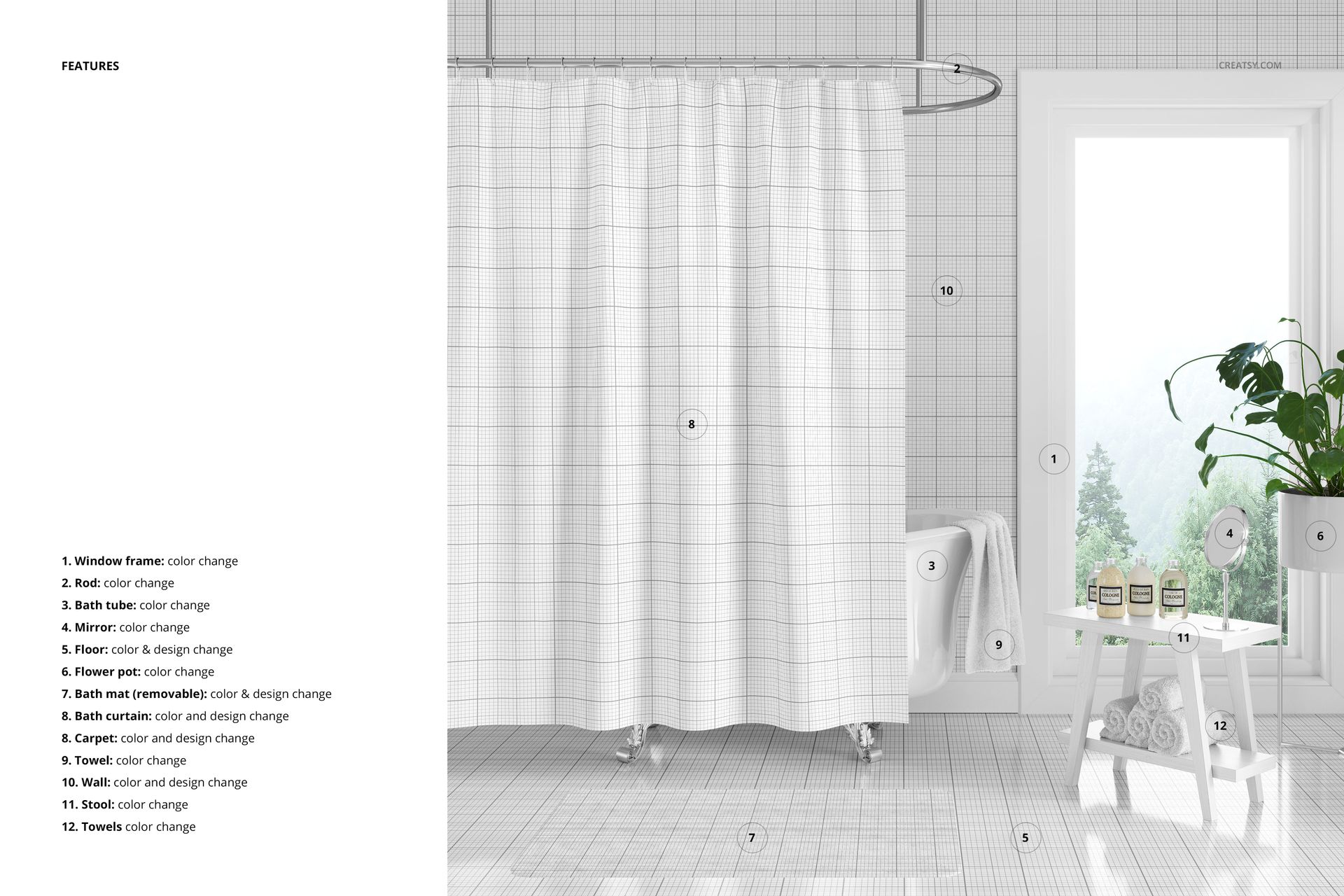 Front view of a wave pleat shower curtain with a subtle grid pattern in a modern bathroom setting, PSD mockup.