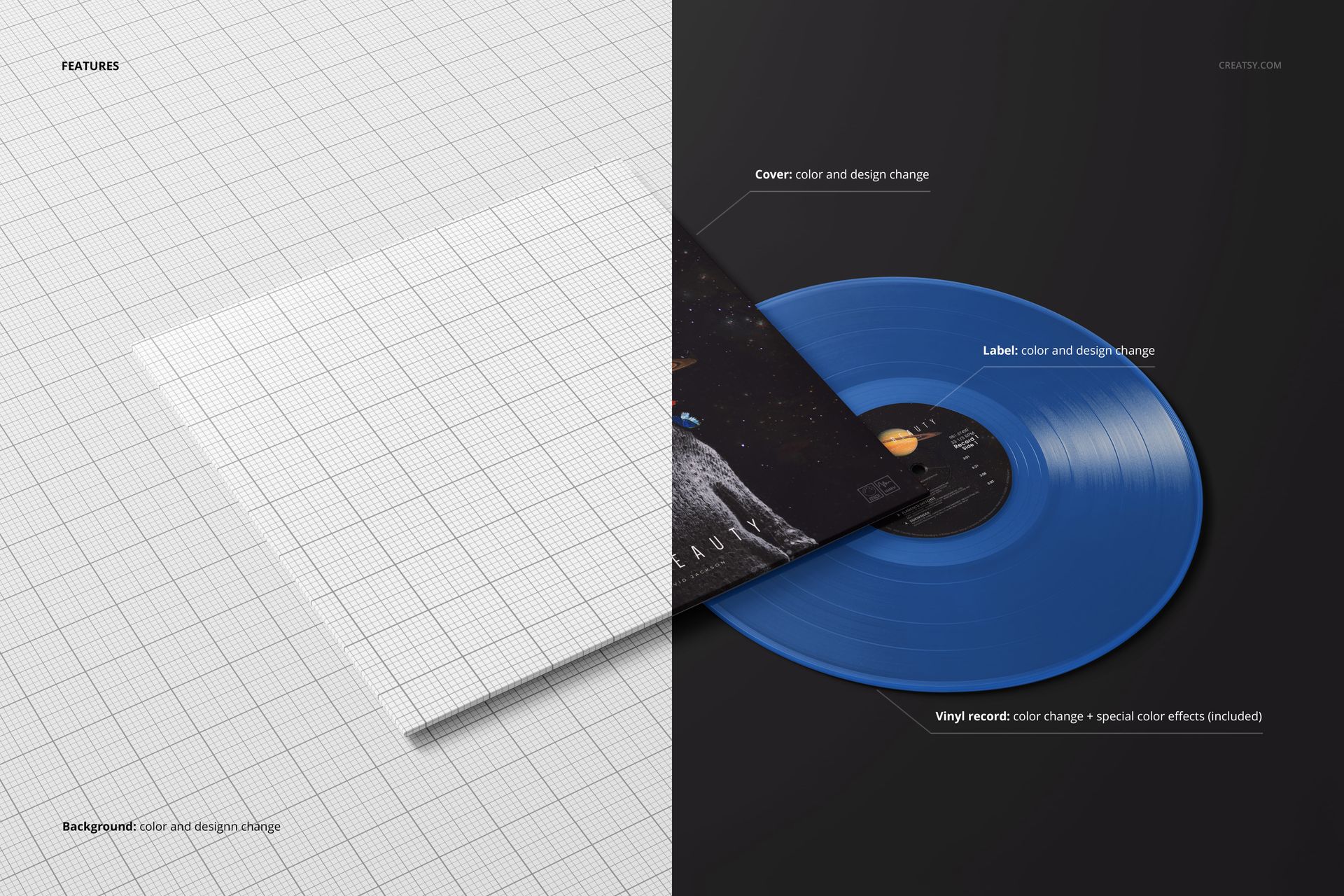 PSD mockup of a blue vinyl record in an album sleeve, displayed with half grid and half dark background for design features.