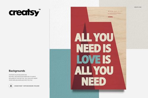 Front view of a rectangular wood plaque wall art mockup with bold red and beige geometric shapes and large text design.