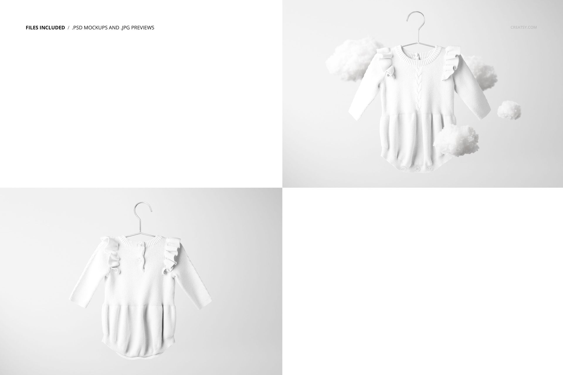Knitted baby romper mockup suspended from a hanger, shown in a minimal scene with floating clouds and soft lighting.
