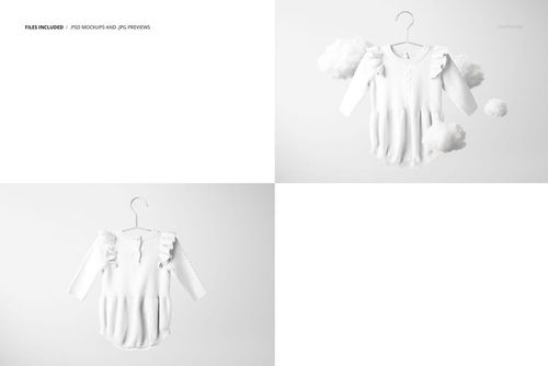 Knitted baby romper mockup suspended from a hanger, shown in a minimal scene with floating clouds and soft lighting.