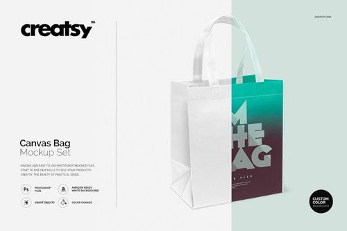 Canvas bag PSD mockup shown from a three-quarter perspective, displaying a bold color gradient and white handles.