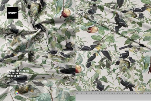 Fabric mockup featuring a botanical pattern with birds and fruit, shown in a draped and flat layout from a top view.