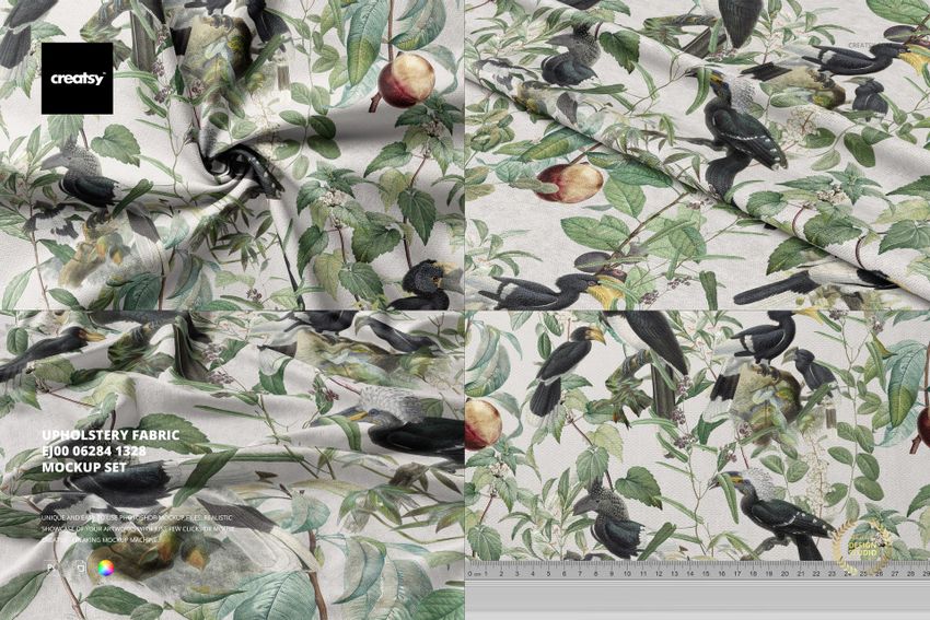 Fabric mockup featuring a botanical pattern with birds and fruit, shown in a draped and flat layout from a top view.
