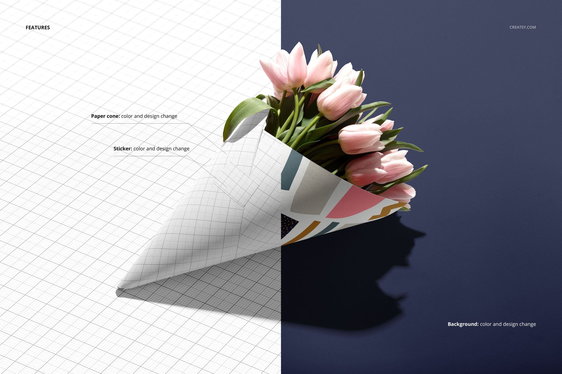 Front view of a flowers packaging cone mockup with pink tulips, split background in white grid and dark blue.