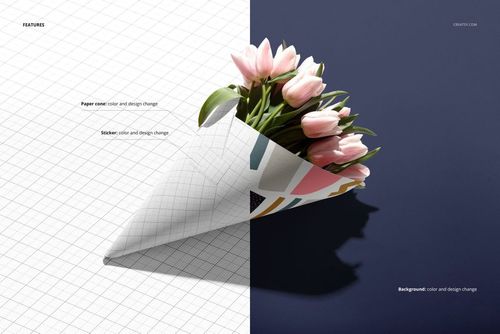 Front view of a flowers packaging cone mockup with pink tulips, split background in white grid and dark blue.