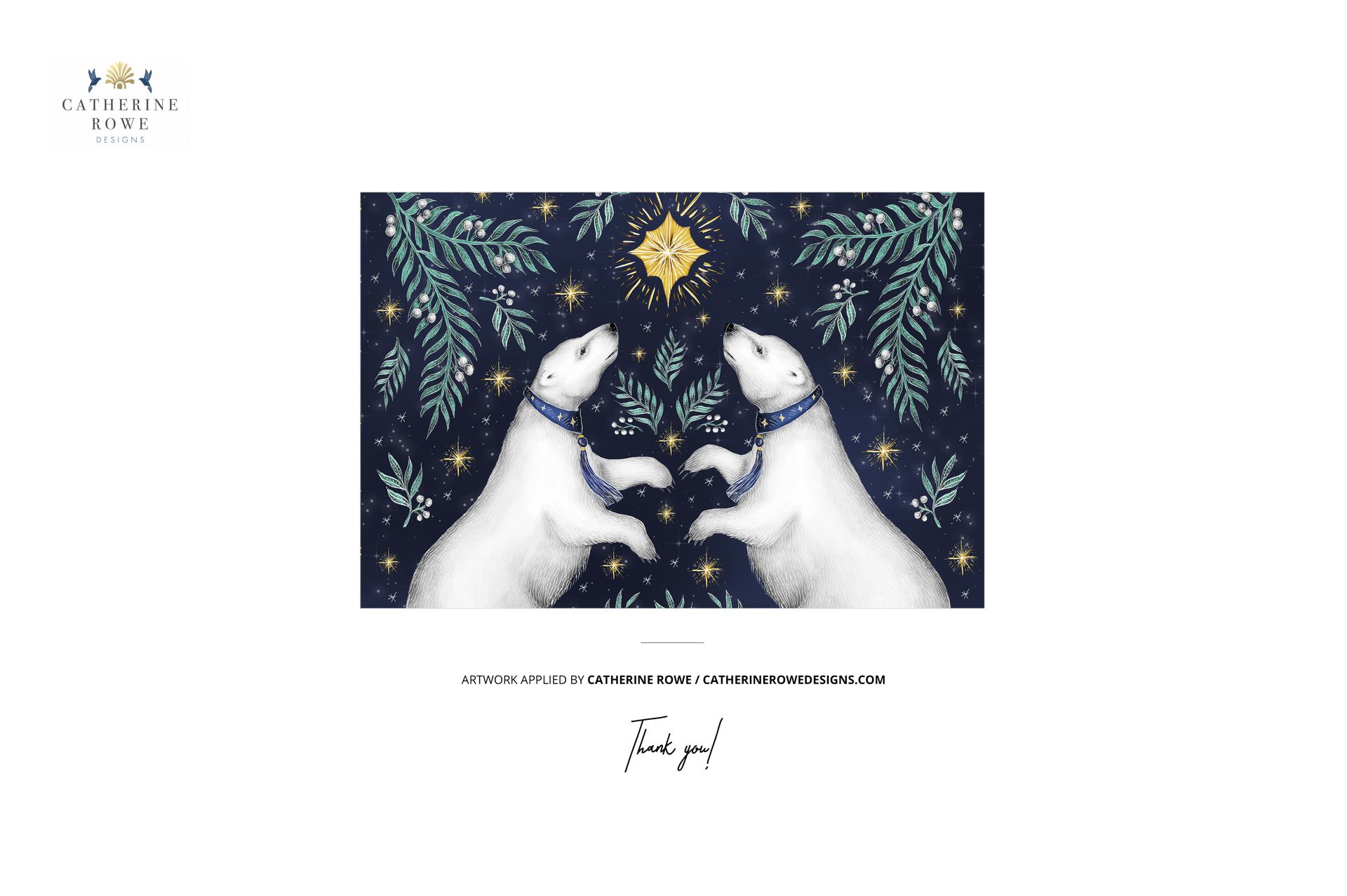 Christmas ornament mockup featuring two white polar bears reaching toward a gold star, surrounded by green branches on a dark background.