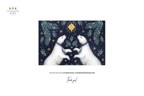 Christmas ornament mockup featuring two white polar bears reaching toward a gold star, surrounded by green branches on a dark background.