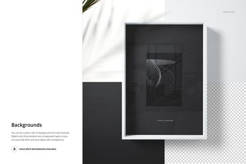 Vertical wooden picture frame mockup with white border, displayed on a split black and white background with a leaf accent.