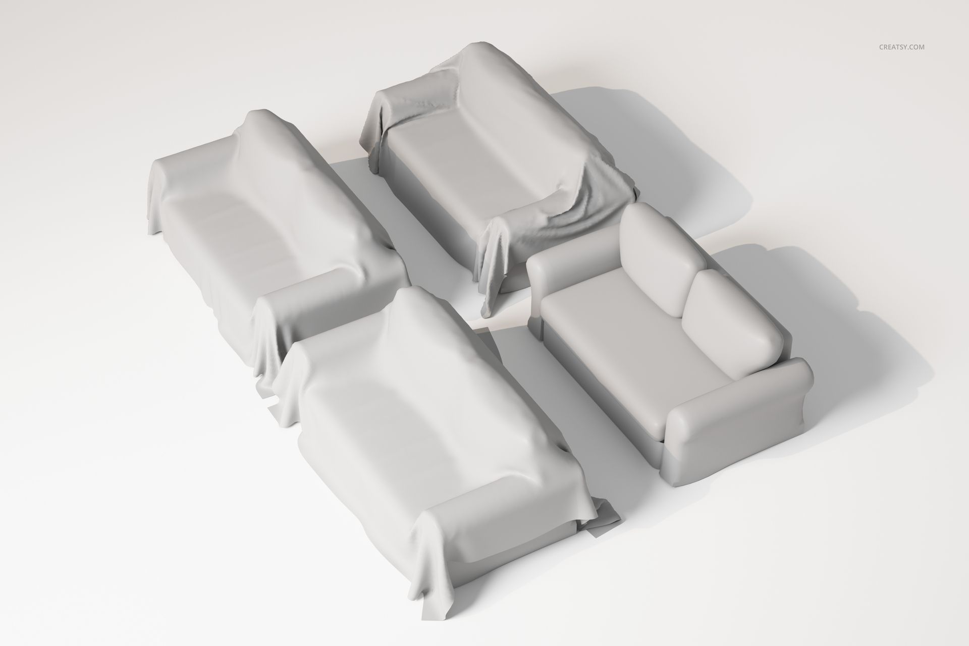 Four sofa throw covers displayed on different sofa shapes in a neutral setting, viewed from an elevated angle.