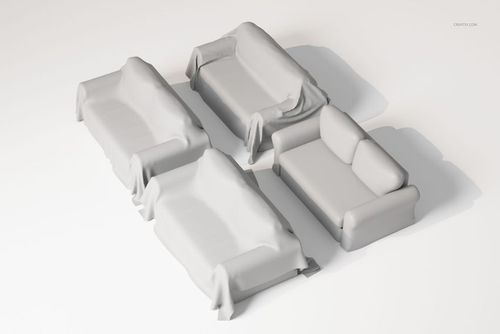 Four sofa throw covers displayed on different sofa shapes in a neutral setting, viewed from an elevated angle.