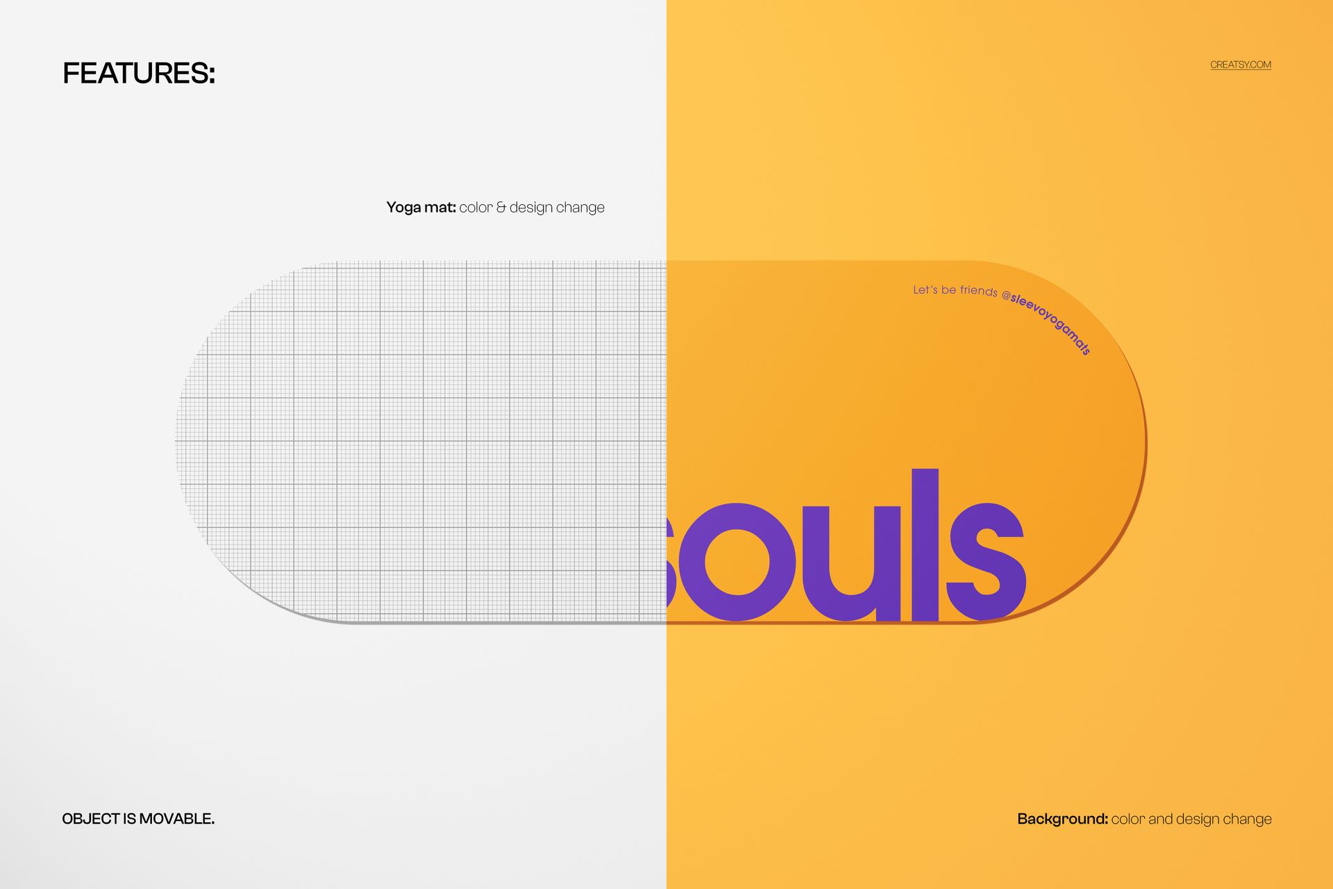 Flat horizontal oval yoga mat mockup with grid pattern on left and bold orange color on right, top view.