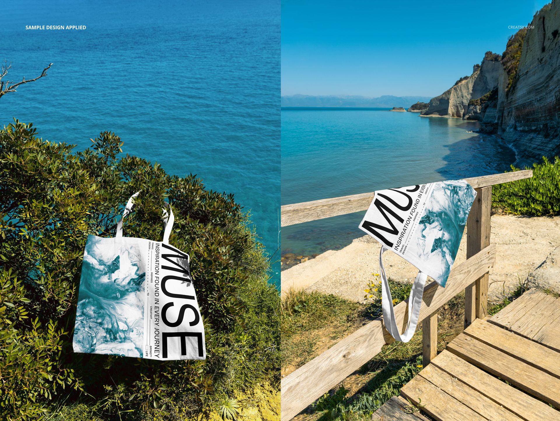 Outdoor tote bag mockup featuring a white bag with graphic print, placed on a bush and a wooden fence near coastal cliffs.