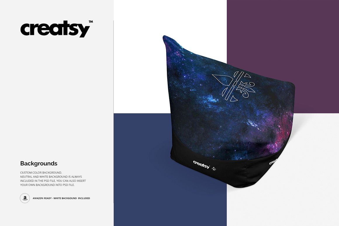 PSD mockup of a bean bag featuring a cosmic design on top and black lower section, placed against a geometric backdrop.