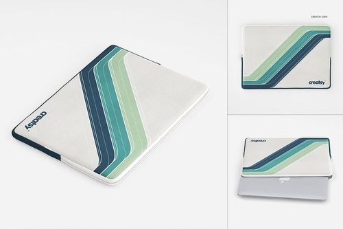 PSD mockup of a canvas laptop sleeve featuring abstract green and blue stripes, displayed from multiple perspectives.