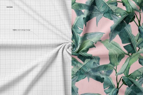 Twisted jersey fabric mockup showing a split design with a grid pattern on the left and green leaves on pink on the right.