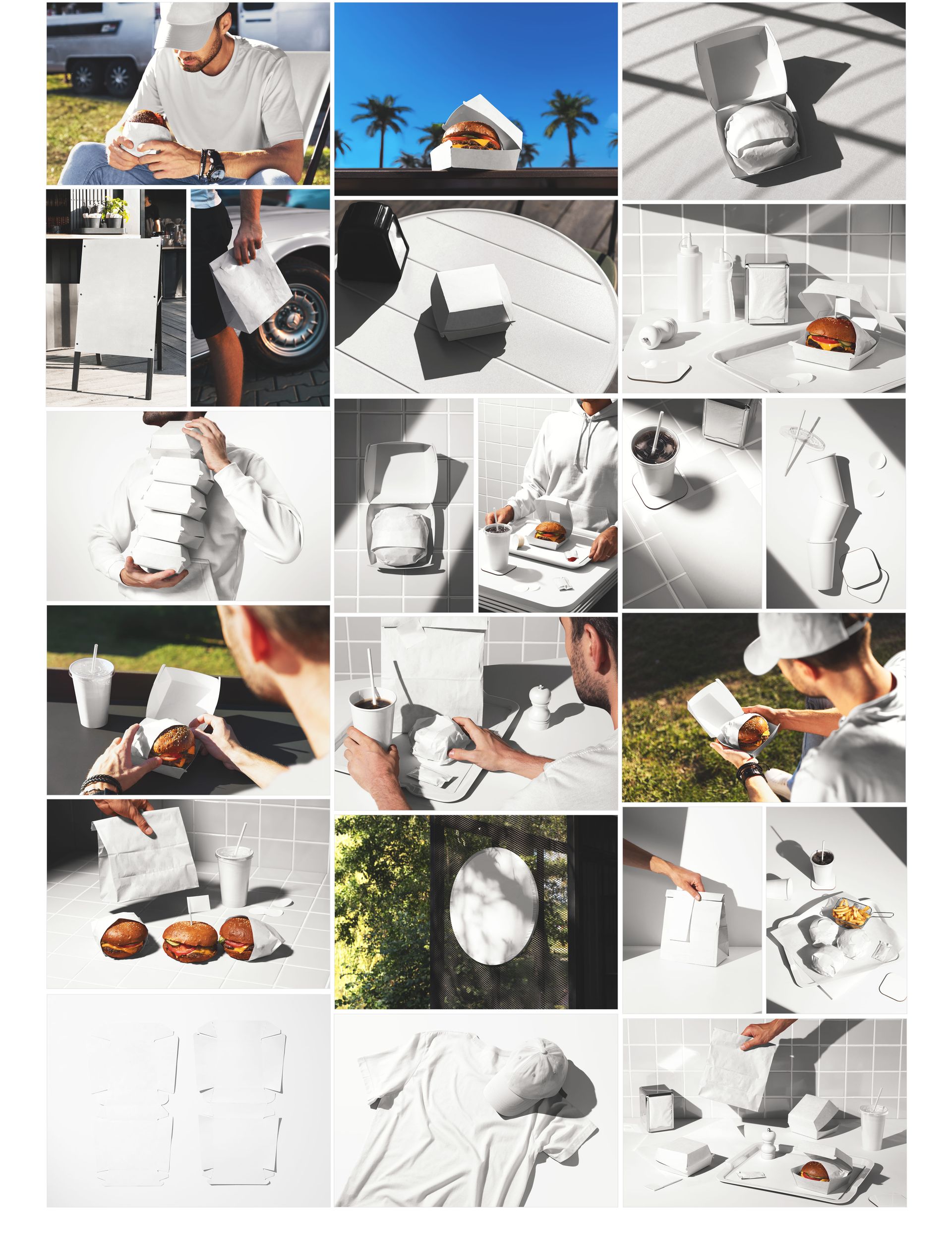Assorted fast food packaging mockups including burger boxes, paper cups, trays, and wrappers in bright lighting.