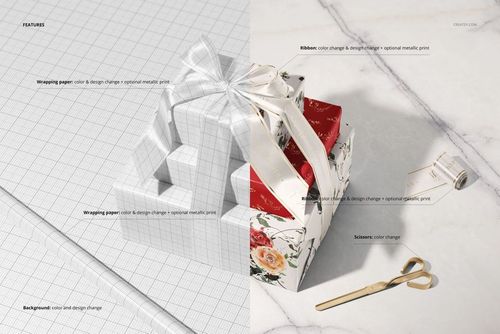 PSD mockup showing three wrapped presents with elegant ribbon, floral wrapping paper, scissors, and a paper roll arranged for holiday scene.