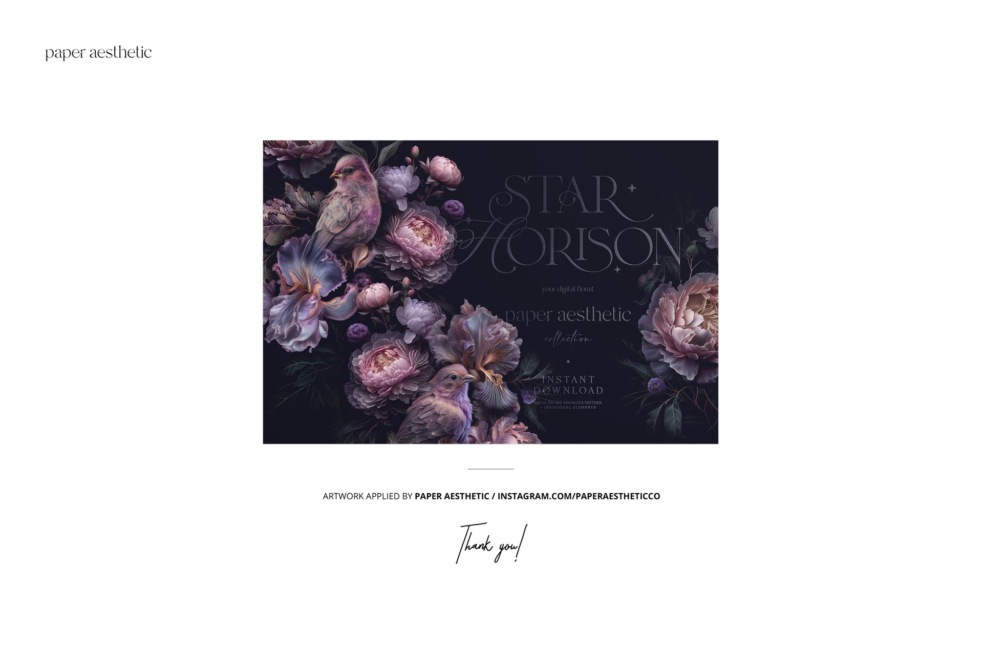 Front view of a non-woven vinyl wallpaper mockup featuring a dark floral pattern with birds and large blossoms.