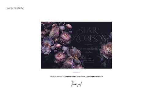 Front view of a non-woven vinyl wallpaper mockup featuring a dark floral pattern with birds and large blossoms.