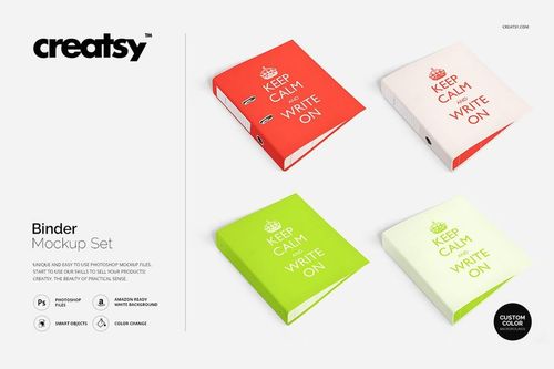 Binder PSD mockup featuring multiple colored binders with text on the covers, viewed from above on a clean background.