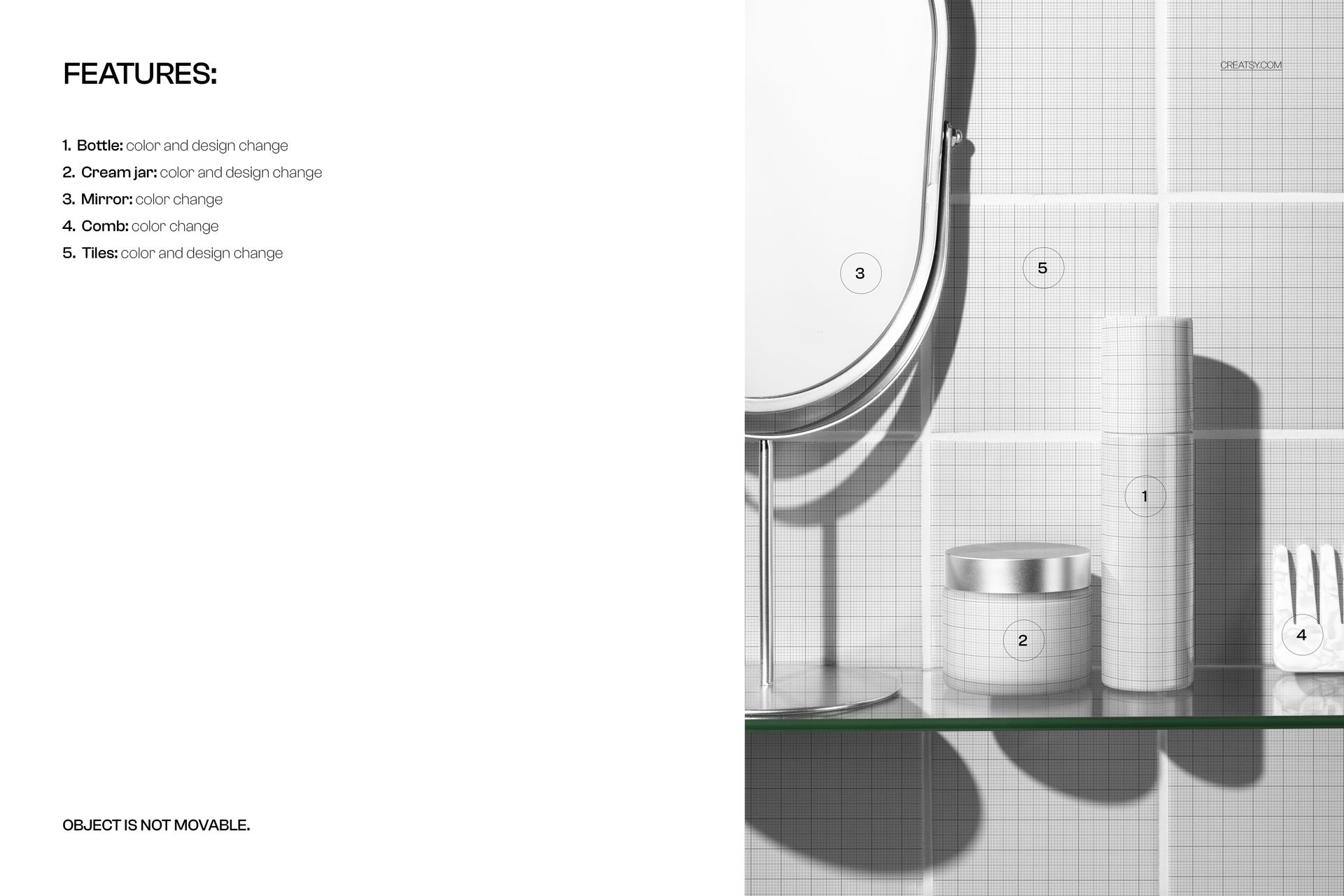 Photorealistic PSD mockup showing a skincare bottle and cream jar on a glass shelf beside a bathroom mirror.