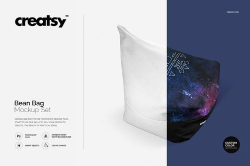 Bean bag PSD mockup featuring a white side panel and a cosmic-themed top section, shown against a plain backdrop.