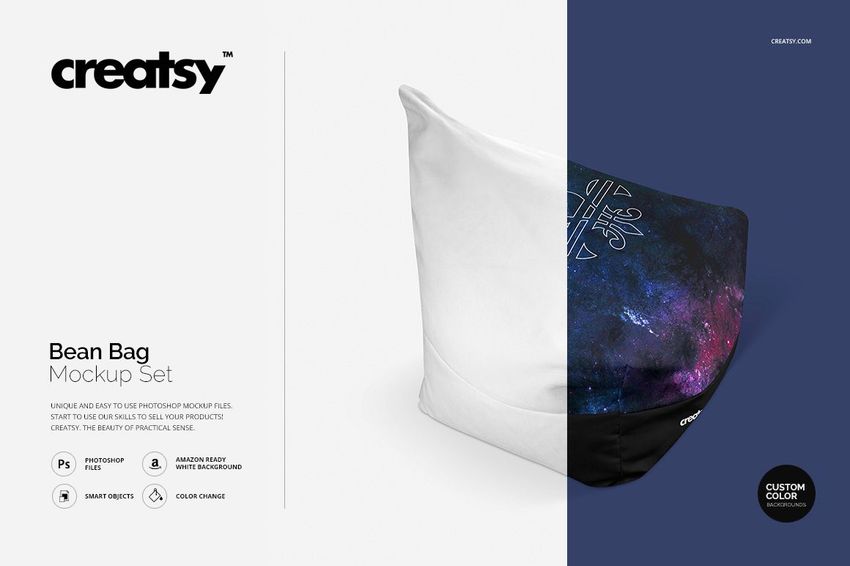 Bean bag PSD mockup featuring a white side panel and a cosmic-themed top section, shown against a plain backdrop.