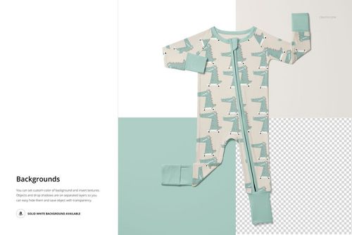 Front view of a baby pajama mockup with a zip-up design, featuring a playful dinosaur pattern in teal and cream tones.