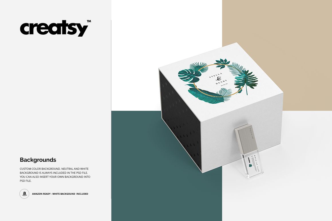 Acrylic USB drive slide box mockup with tropical leaf design, shown from a front angle on a color-blocked background.
