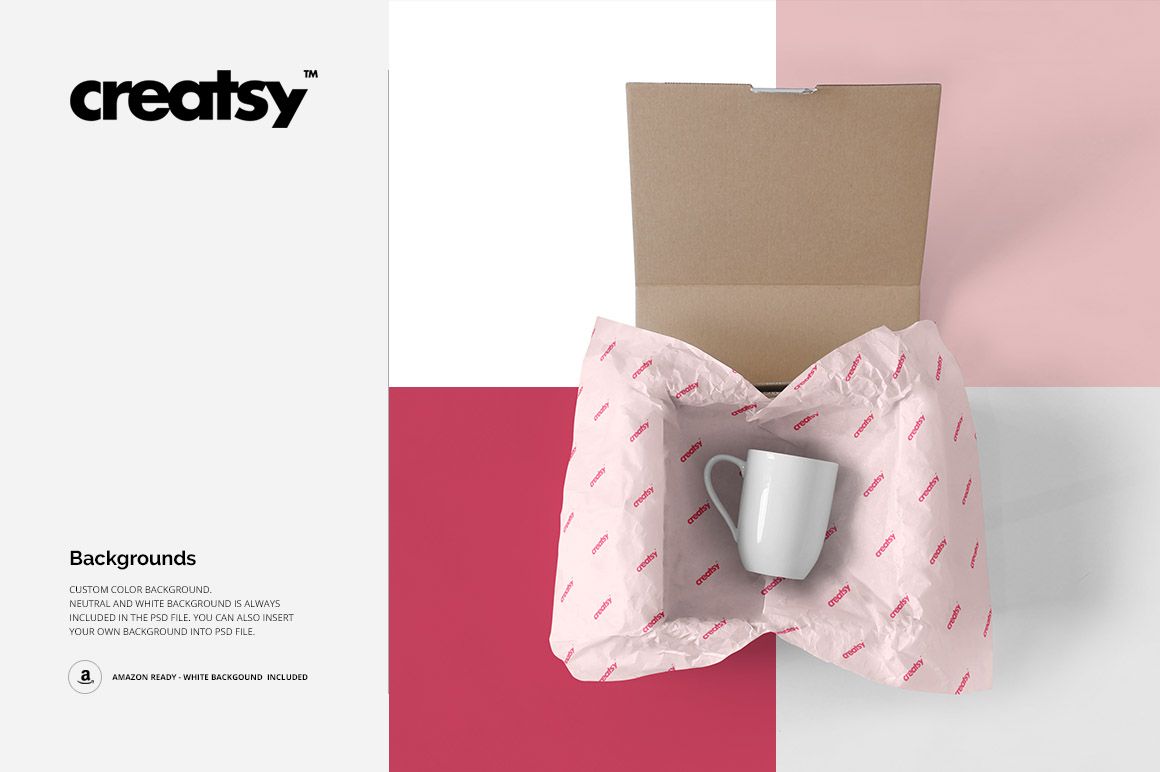 Mailing box mockup with white and pink wrapping paper and a ceramic mug inside, displayed against a geometric background.
