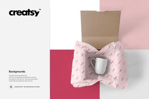 Mailing box mockup with white and pink wrapping paper and a ceramic mug inside, displayed against a geometric background.