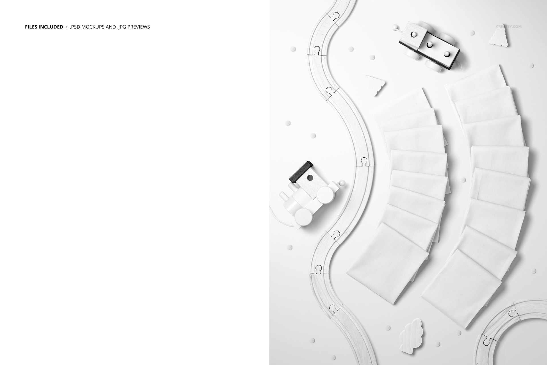 PSD mockup showing multiple white fabric swatches laid out in an arc with toy train elements and scattered beads.
