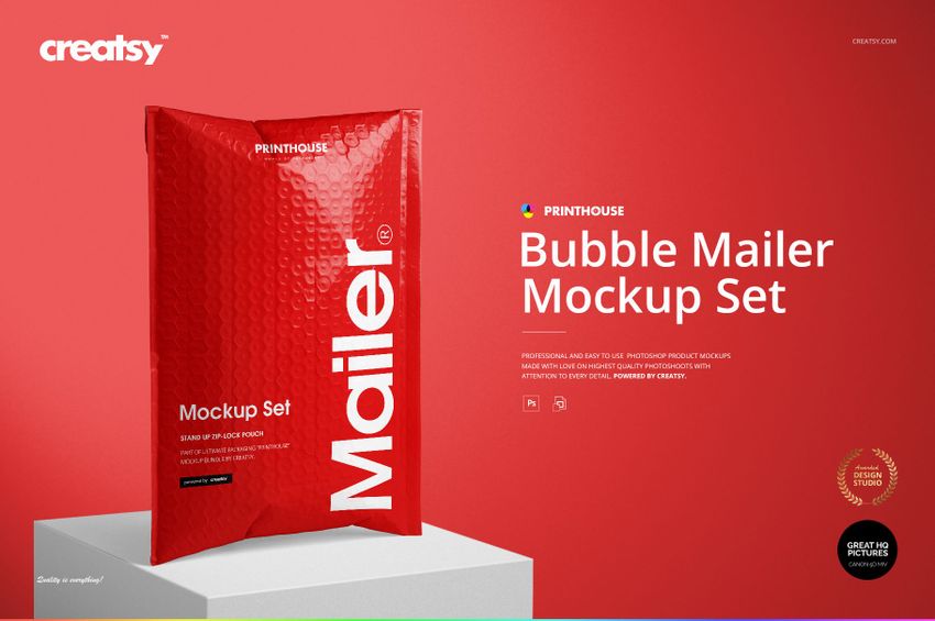 Red bubble mailer packaging displayed upright on a light surface with subtle shadows, shown in a PSD mockup scene.