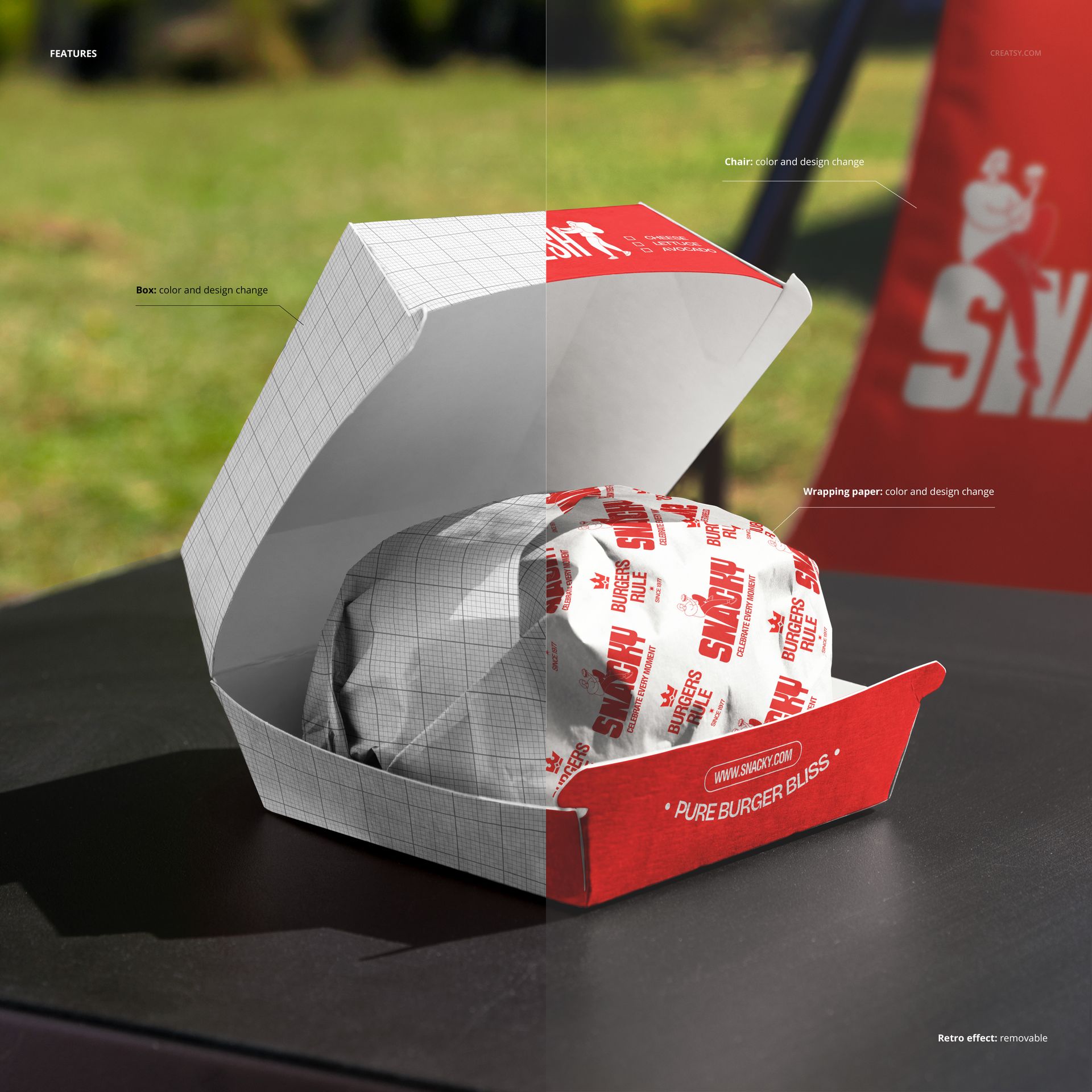 Garden folding chair and burger box mockup showing an open burger box with a wrapped burger inside on a dark table.