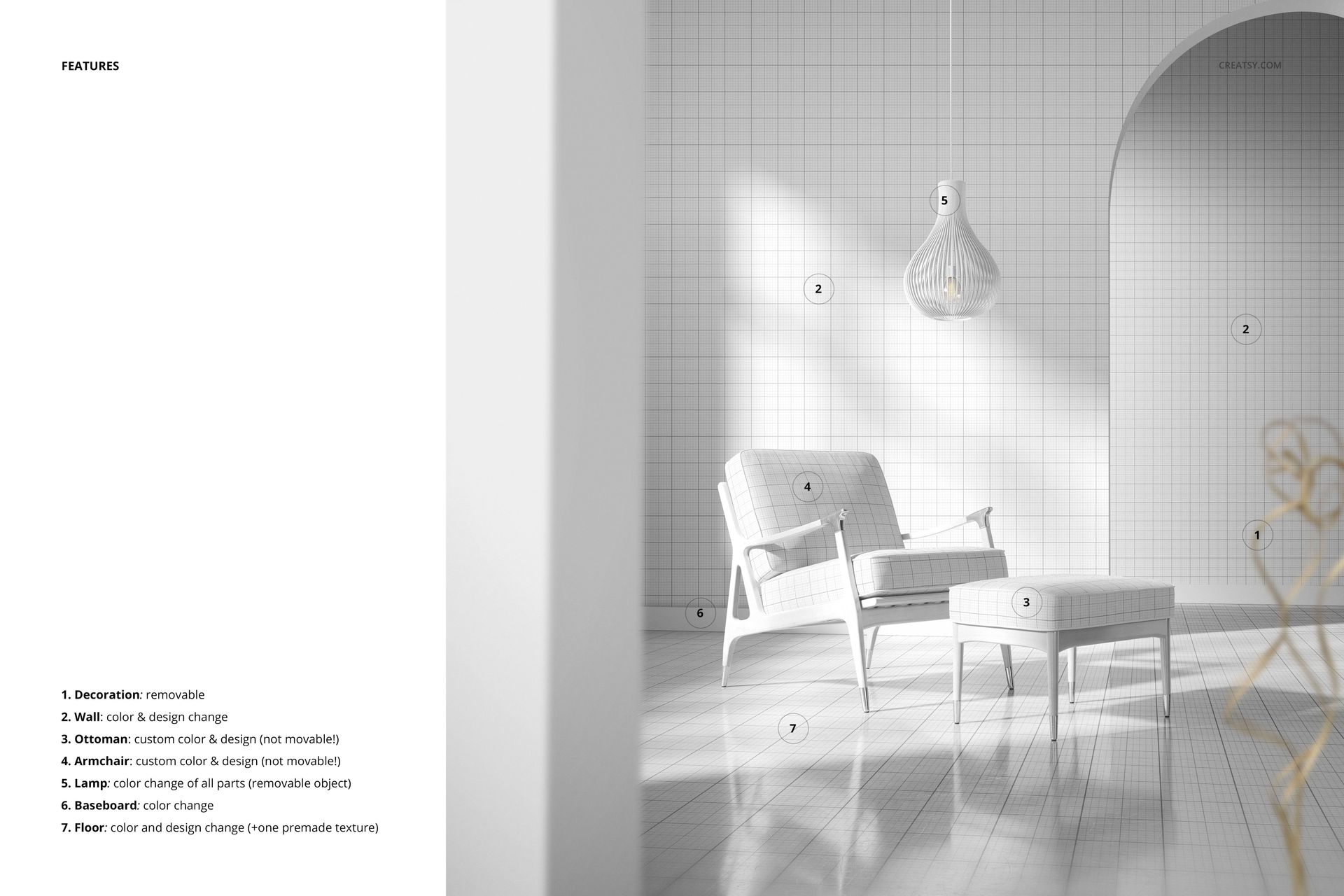 Lounge chair and ottoman mockup in a minimalist interior, featuring white tones and a geometric wall tile background.