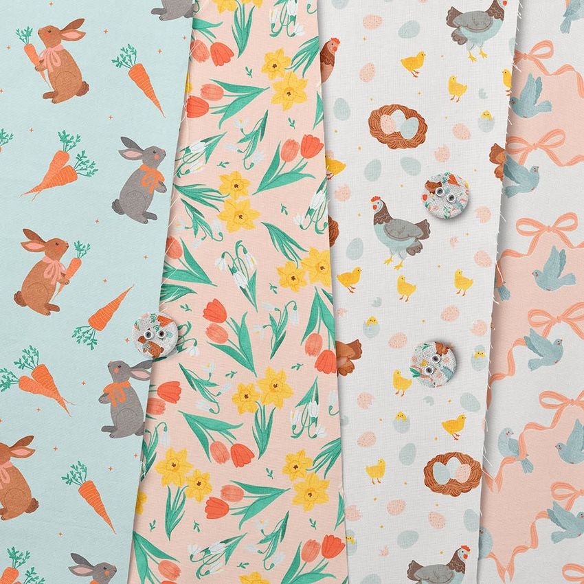 Cotton fabric sample mockup showing four patterned fabric swatches with spring and Easter-themed illustrations and pastel colors.