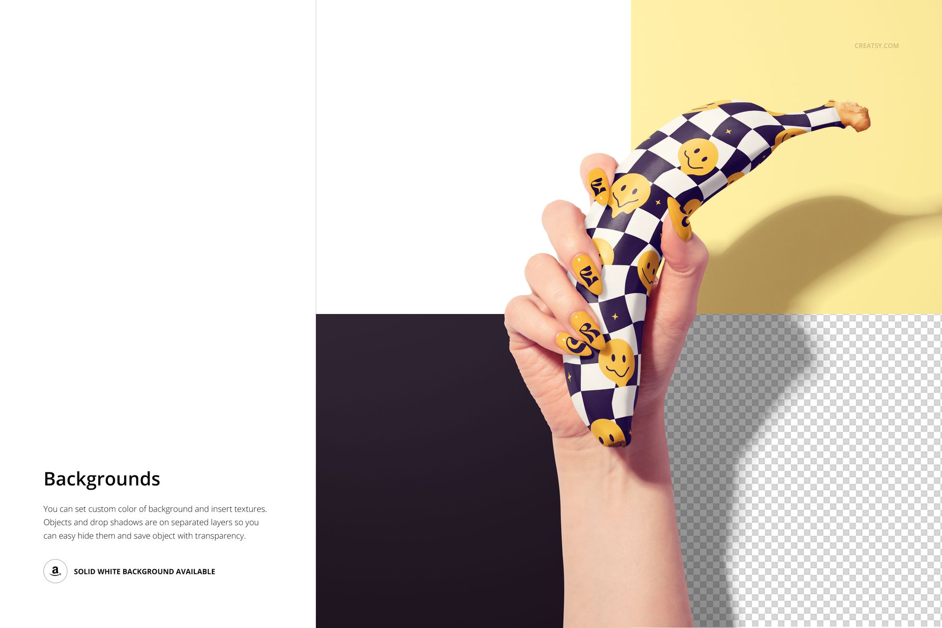 PSD mockup displaying a hand with painted nails holding a banana, set against a geometric and transparent background.