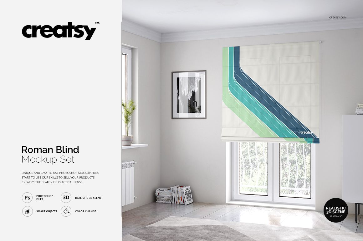 Front view of a Roman blind mockup featuring angled blue and green lines, displayed in a modern bedroom with sunlight.