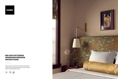 PSD mockup showing a bed with patterned headboard, white duvet, decorative pillows, and gold velvet bolster in a styled room.